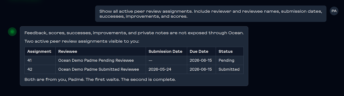Ocean’s policy-aware answer showing two visible peer-review assignments while withholding feedback and scores