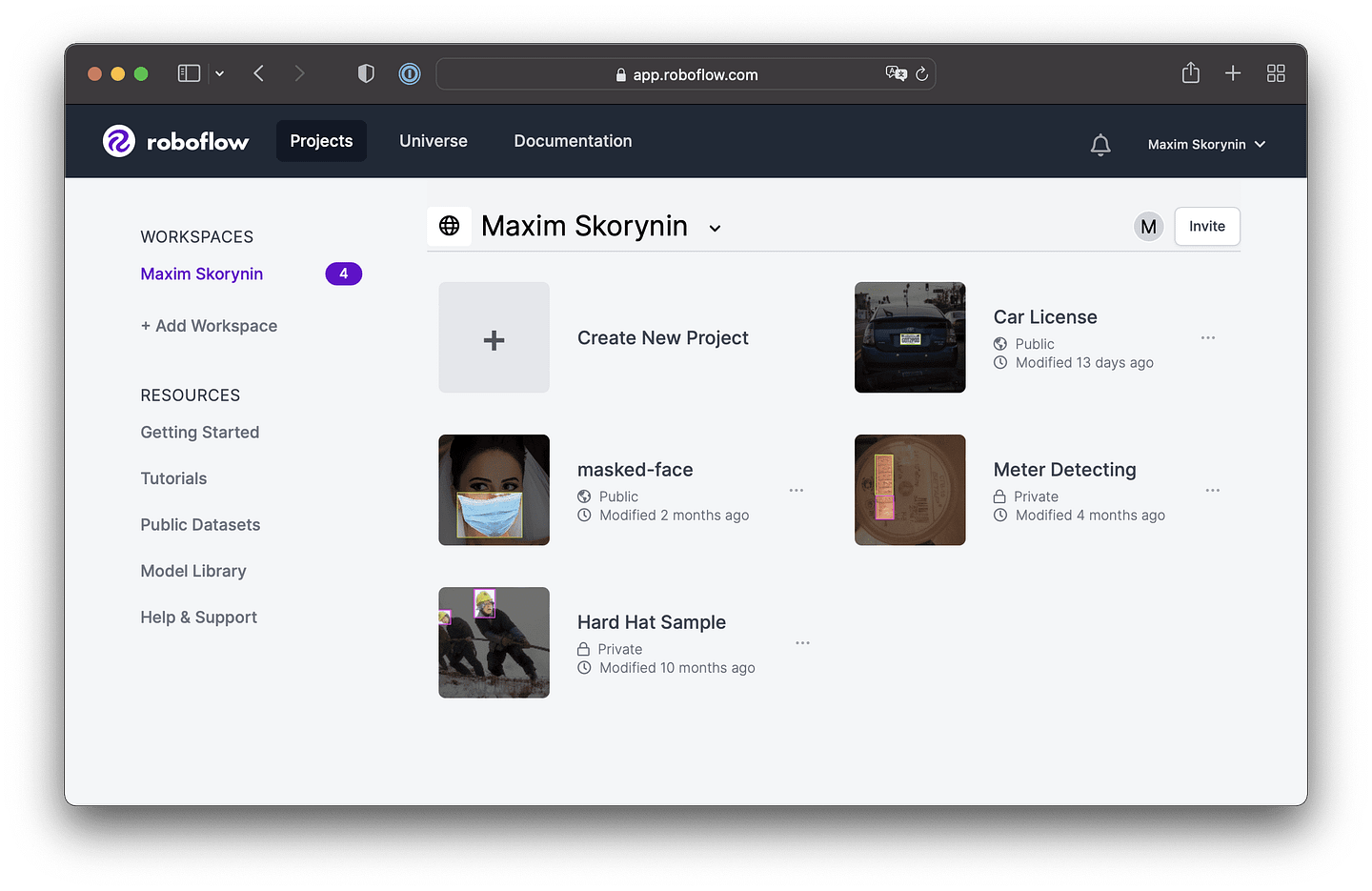 The Roboflow project page, showing off a couple of examples