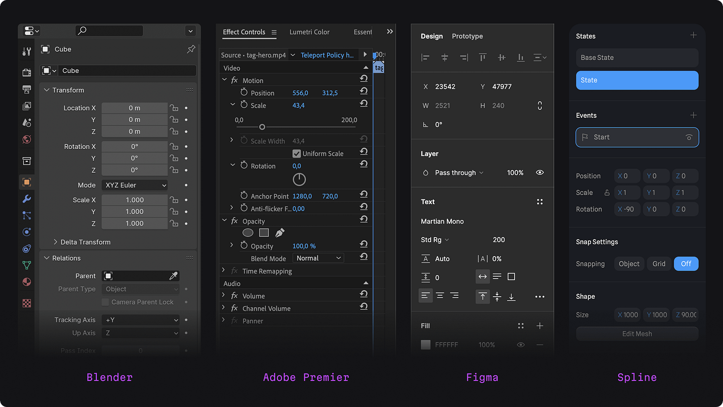 Example property panels from Blender, Adobe Premier, Figma, and Spline