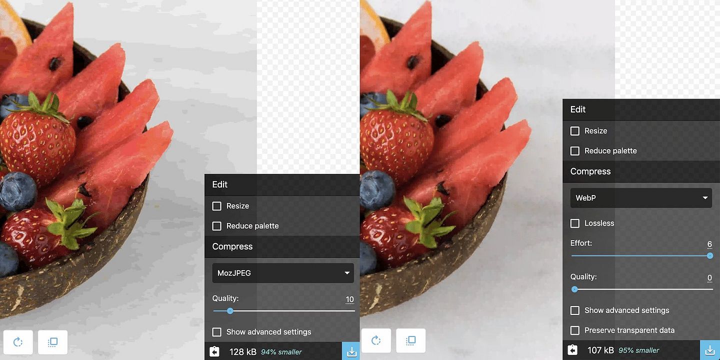 Comparsion of JPEG and WebP on low quality
