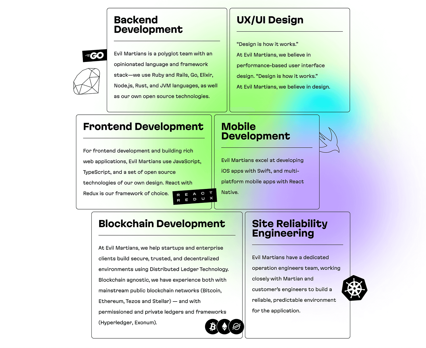 A part of the Services page with “organic” skeleton and "audacious" graphics