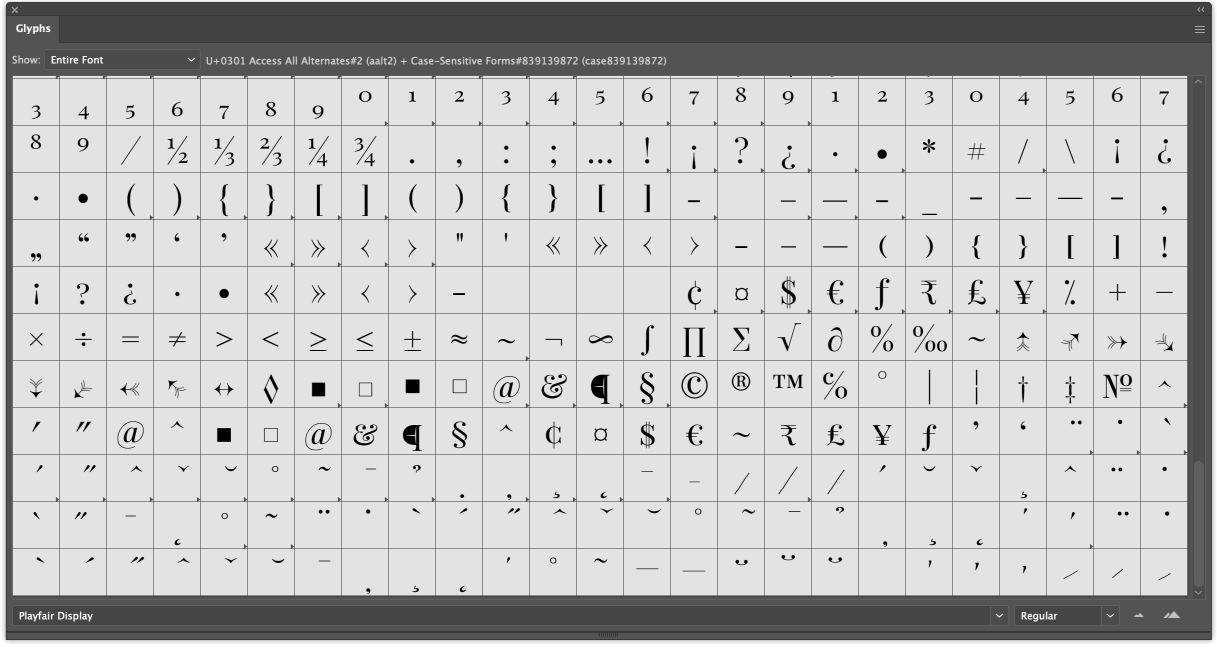 The character set for the Playfair Display font in Adobe Illustrator.