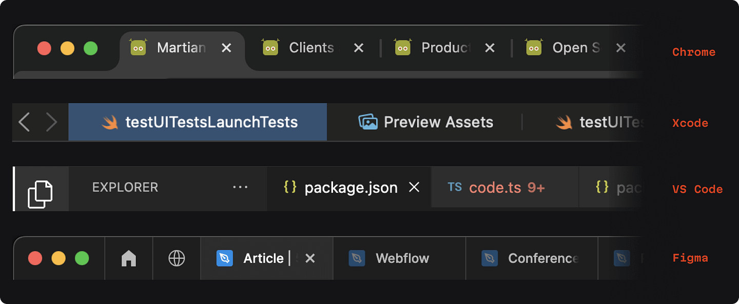 Tab examples from Chrome, Xcode, VS Code, and Figma