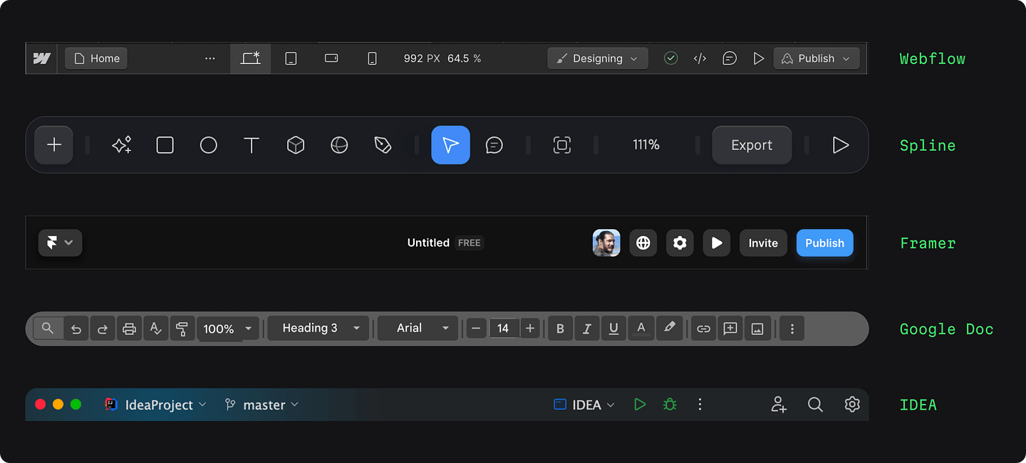 Tool bar examples from Webflow, Spline, Frame, Google Docs, and IDEA