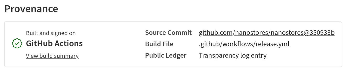 Big table with details that npm-provenance was generated by GitHub CI on project’s npmjs.com page