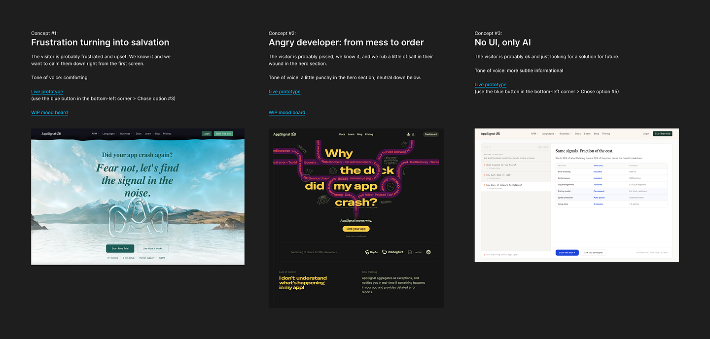 Three AppSignal homepage concepts shown side by side as design explorations