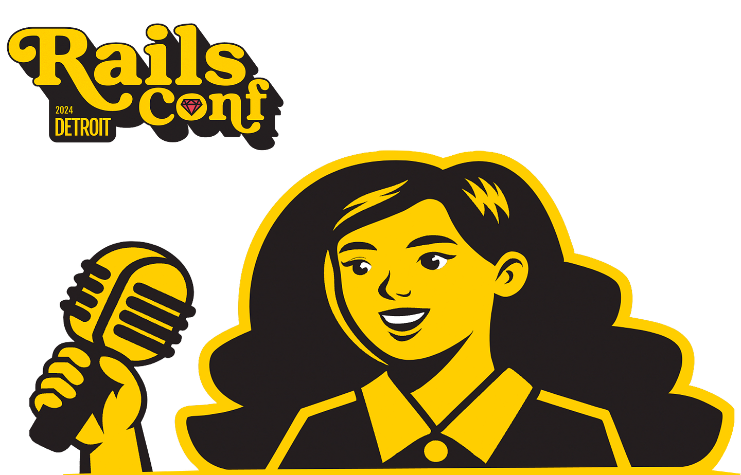RailsConf 2024 Detroit illustration of a woman speaking into a microphone