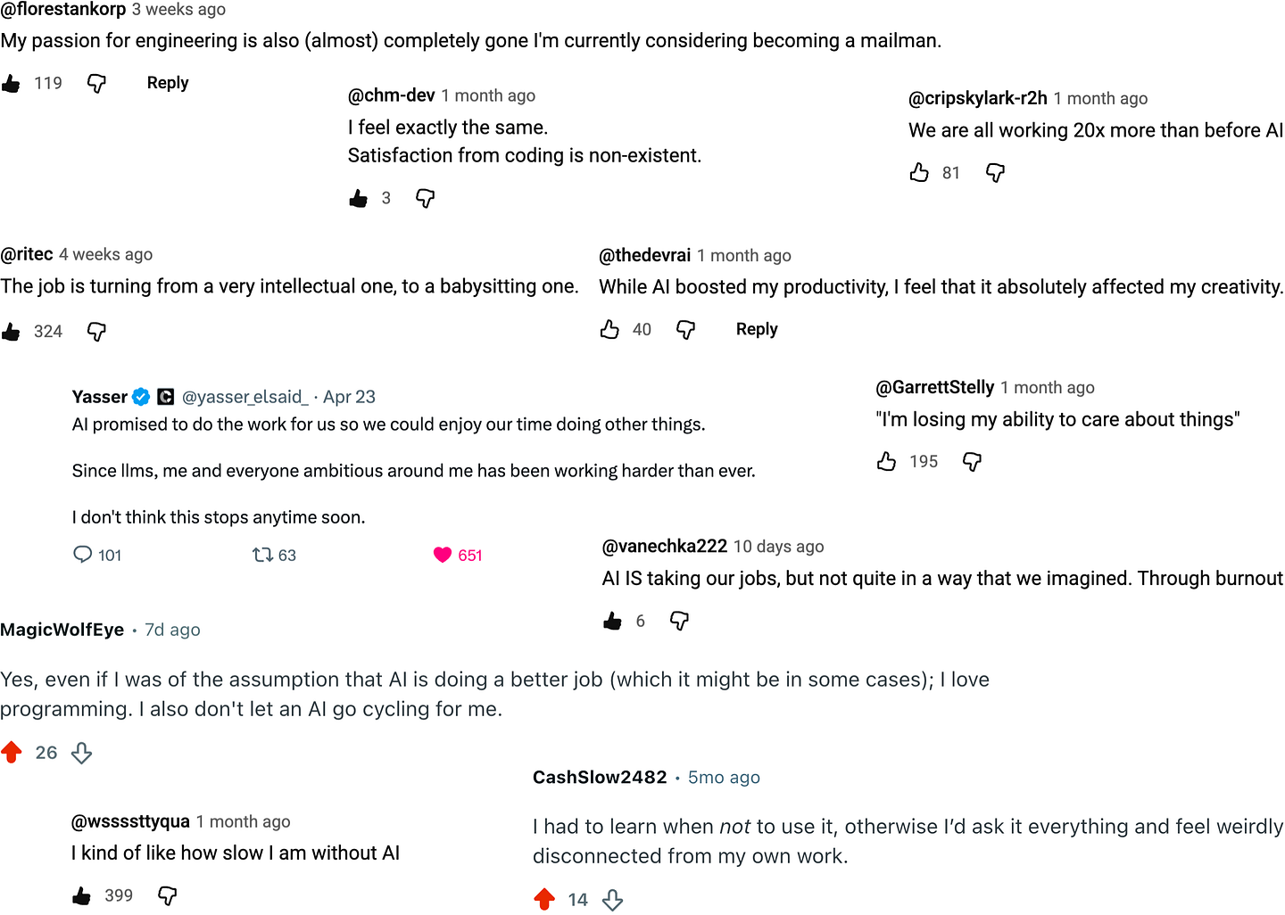 Opinions collected across the internet voicing concerns about exhaustion, working too hard, and the changes in work related to adoption of AI