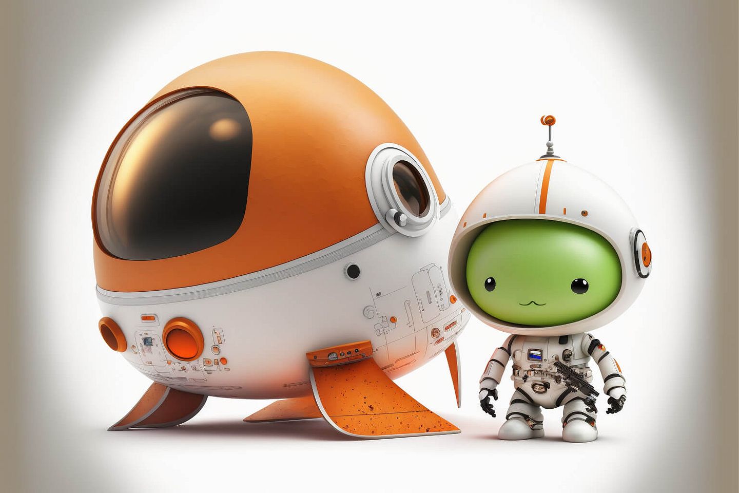 4 sketches of a spaceship and a tiny astronaut in solid 3d style