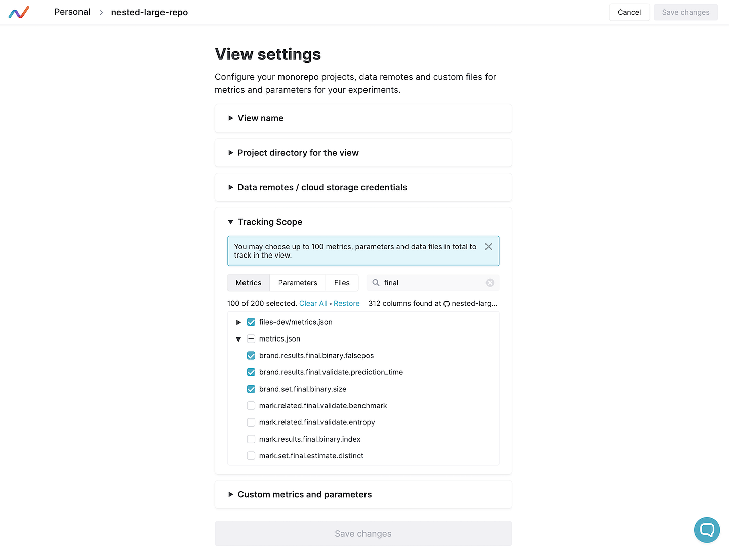 Metrics settings