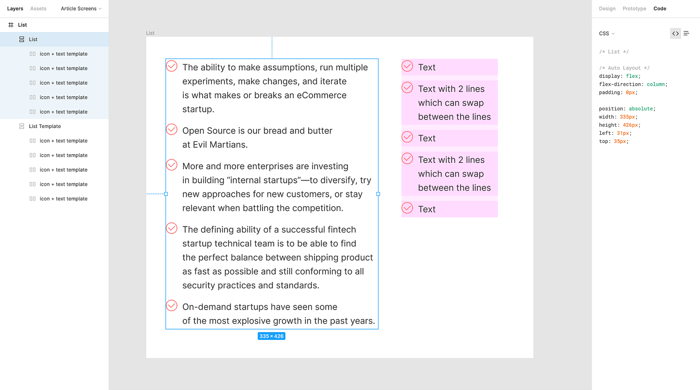 Auto Layout scaffold on the right, real content conforming to that on the left