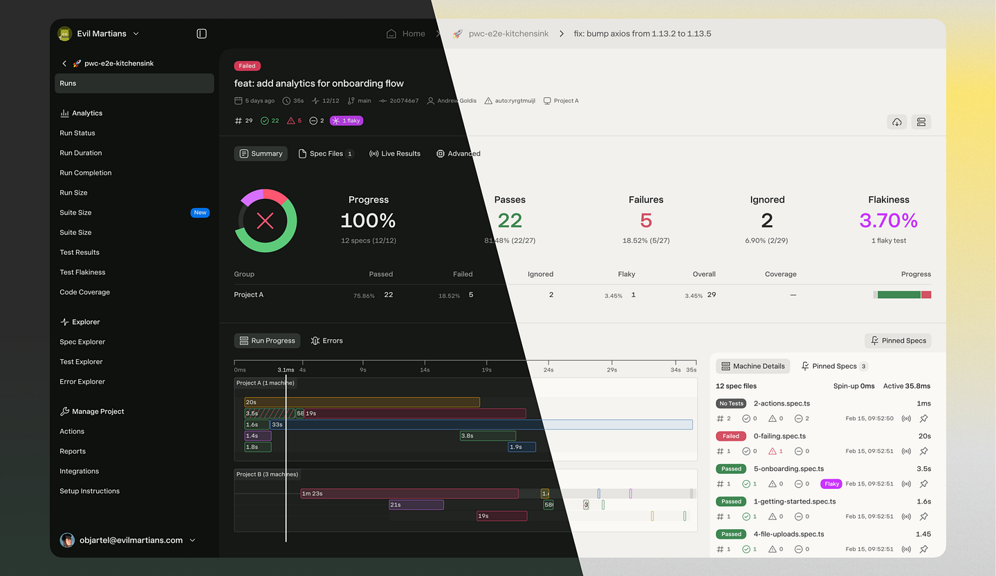 Currents run dashboard built on the new design system: run progress, passes, failures, flakiness, and the spec timeline