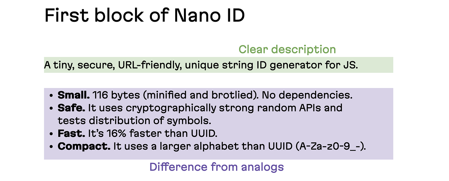 The first block of the Nano ID README is broken down. It has a clear description and establishes how it is different from analogous solutions.