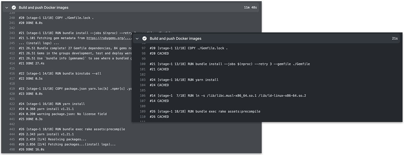 Building a Docker image on the CI before and after adding a cache