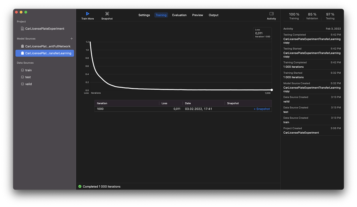 The graph showing the results of the Transfer Learning algorithm is smoother and it also suggests a faster speed and smaller model
