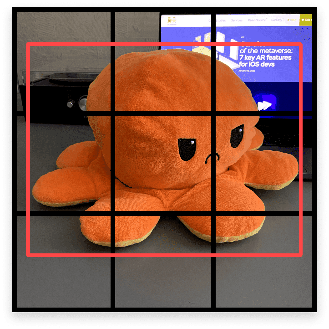 An octopush plush in a 3 by 3 grid