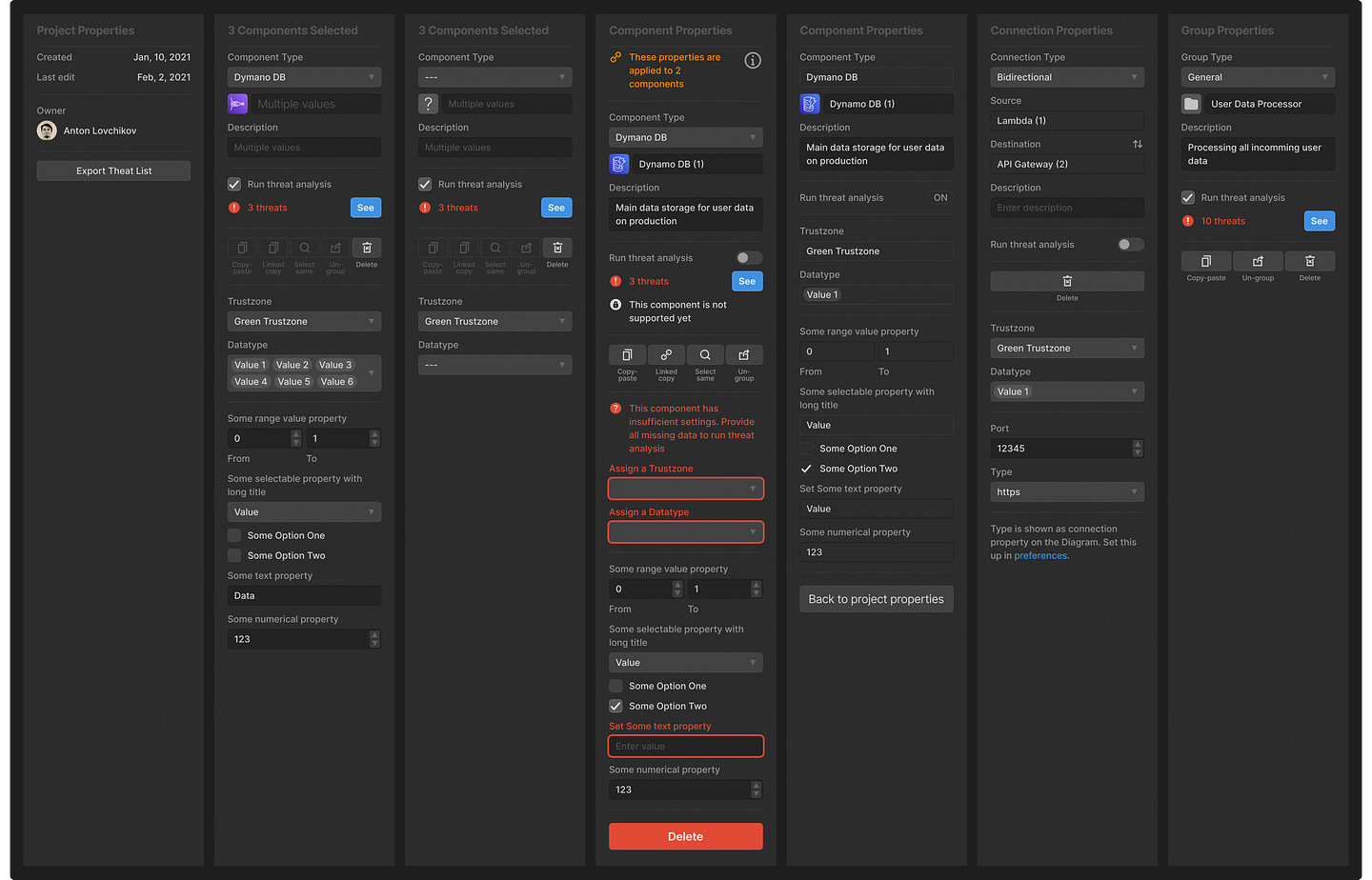Variations of the Properties panel in the Akeero UI showcase how its content seamlessly adapts to a wide range of user’s tasks
