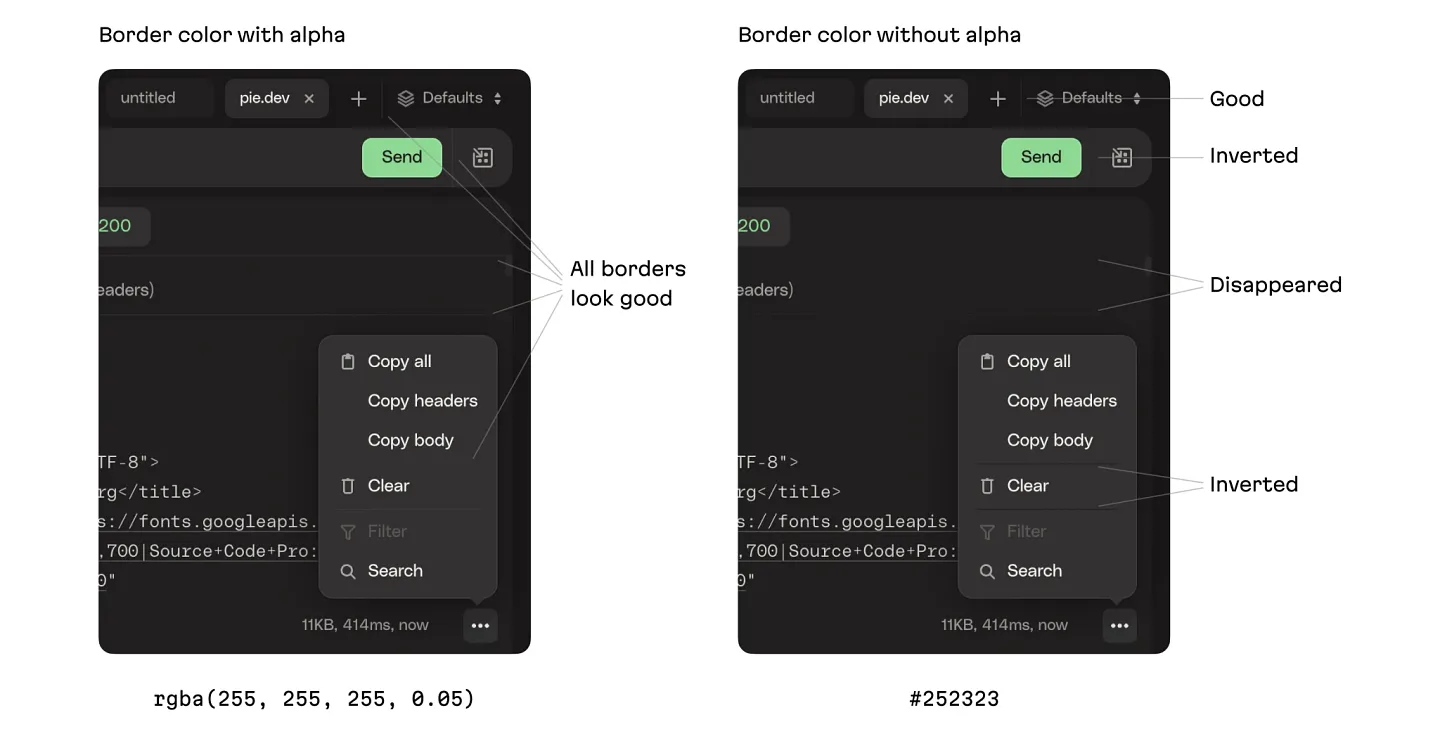 This example from [HTTPie](/chronicles/ui-design-for-httpie-macos-vibes-for-the-api-testing-client) demonstrates how transparent colors help avoid a lot of manual work