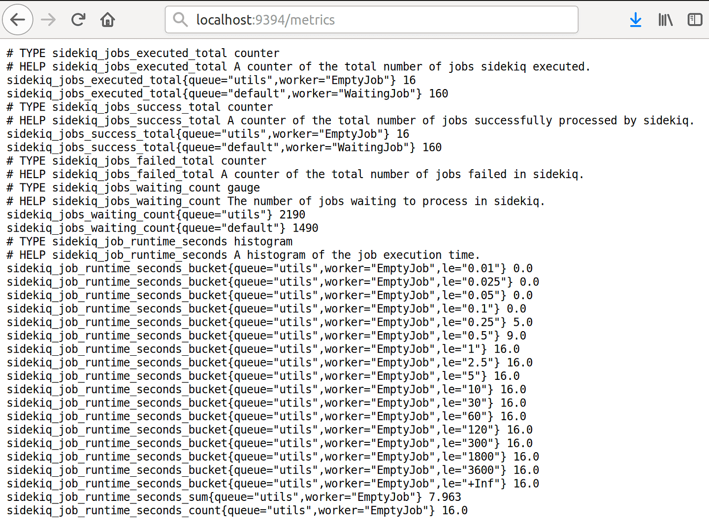 Output of raw collected metrics in Prometheus text format
