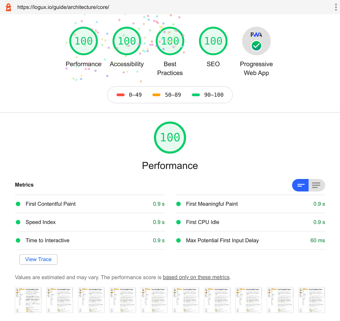 Lighthouse score for Logux website: 100 for performance, accessibility, best practices, SEO, and PWA