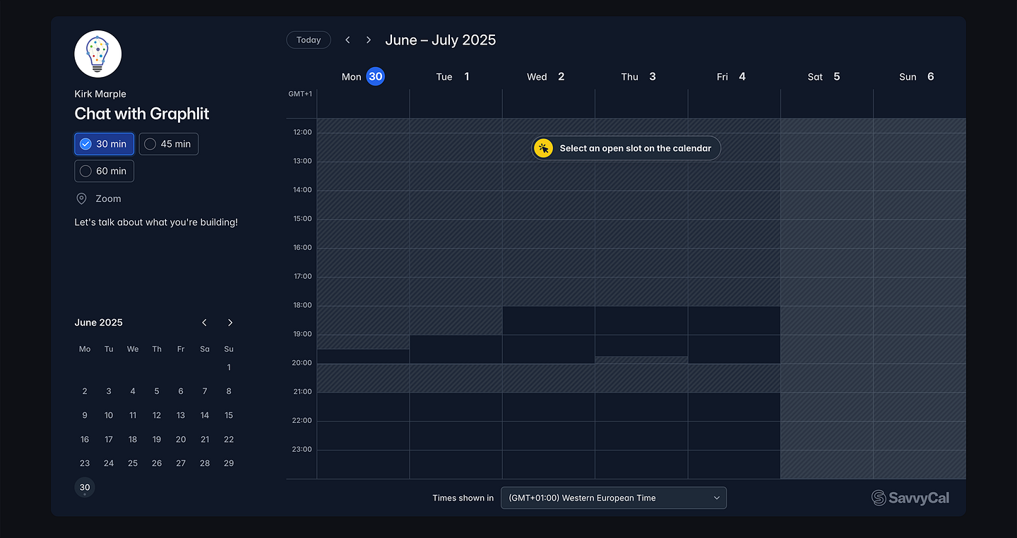 [Graphlit](https://www.playbook.com/s/evilmartians/XK8SoSVhskyzapL3Sfenw4mL?assetToken=Eiv44hXVBbsovUczKctchkSV): Uses a calendar widget as main CTA