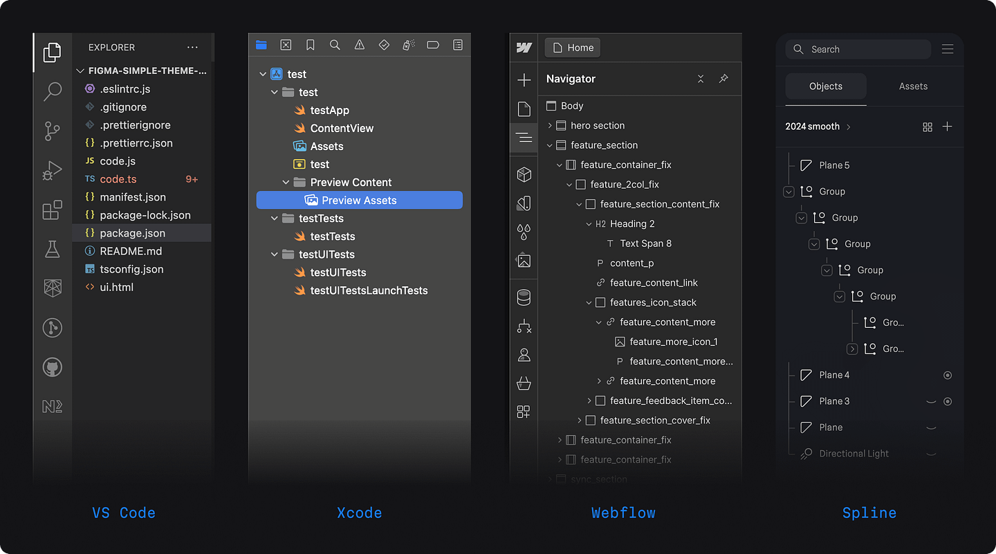 Sidebar examples from VS Code, Xcode, Webflow, and Spline