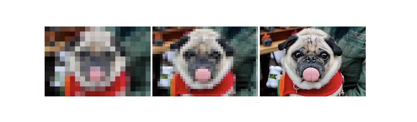 Three images side by side. An extremely pixelated rendering of a pug, a slightly less pixelated rendering of the same pug, and then a pug showing its tongue while wearing a red and white piece of clothing.