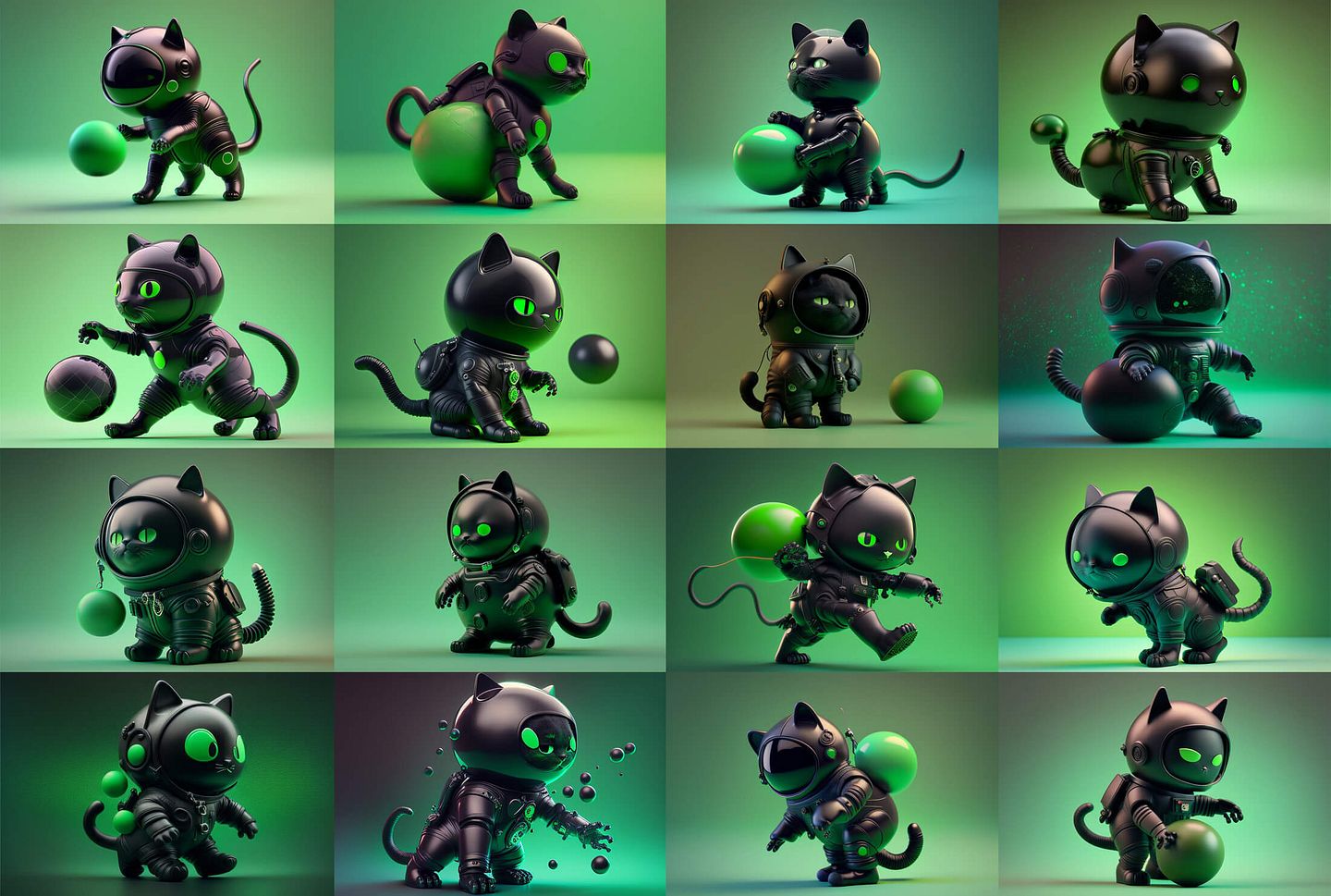 Multiple sketches of black cat in a spacesuit playing with a ball, looking better than previous ones