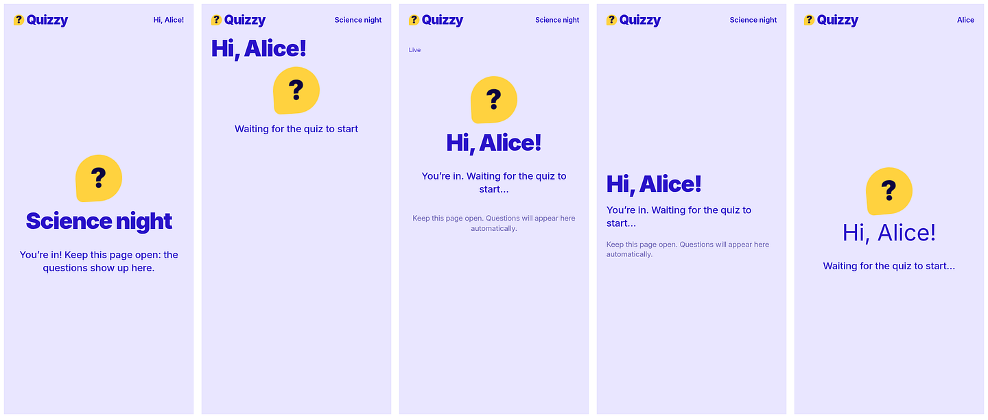 Quizzy lobby: UIs from passing trials