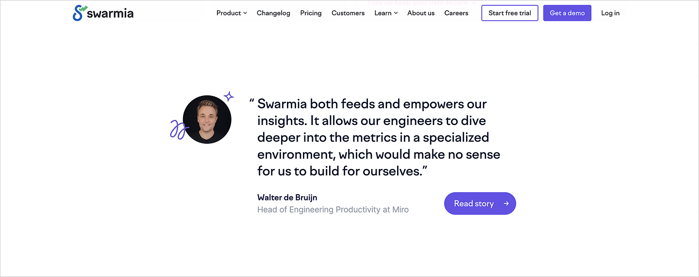 [Swarmia](https://www.playbook.com/s/evilmartians/UZZ5ATH8XwqF65oudRv412H8?assetToken=uK4S7ykAGALGmSE3LTjXhLHE): Features a review from one client
