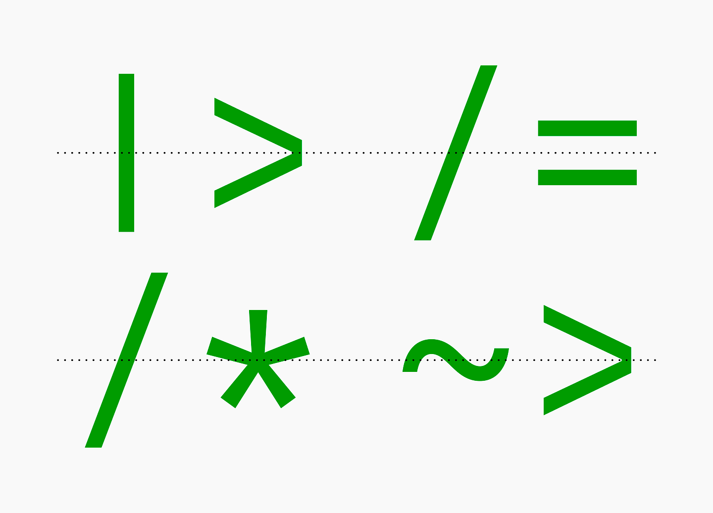 Vertically centered symbols work together akin to programming ligatures. Although, there’s room to improve the spacing