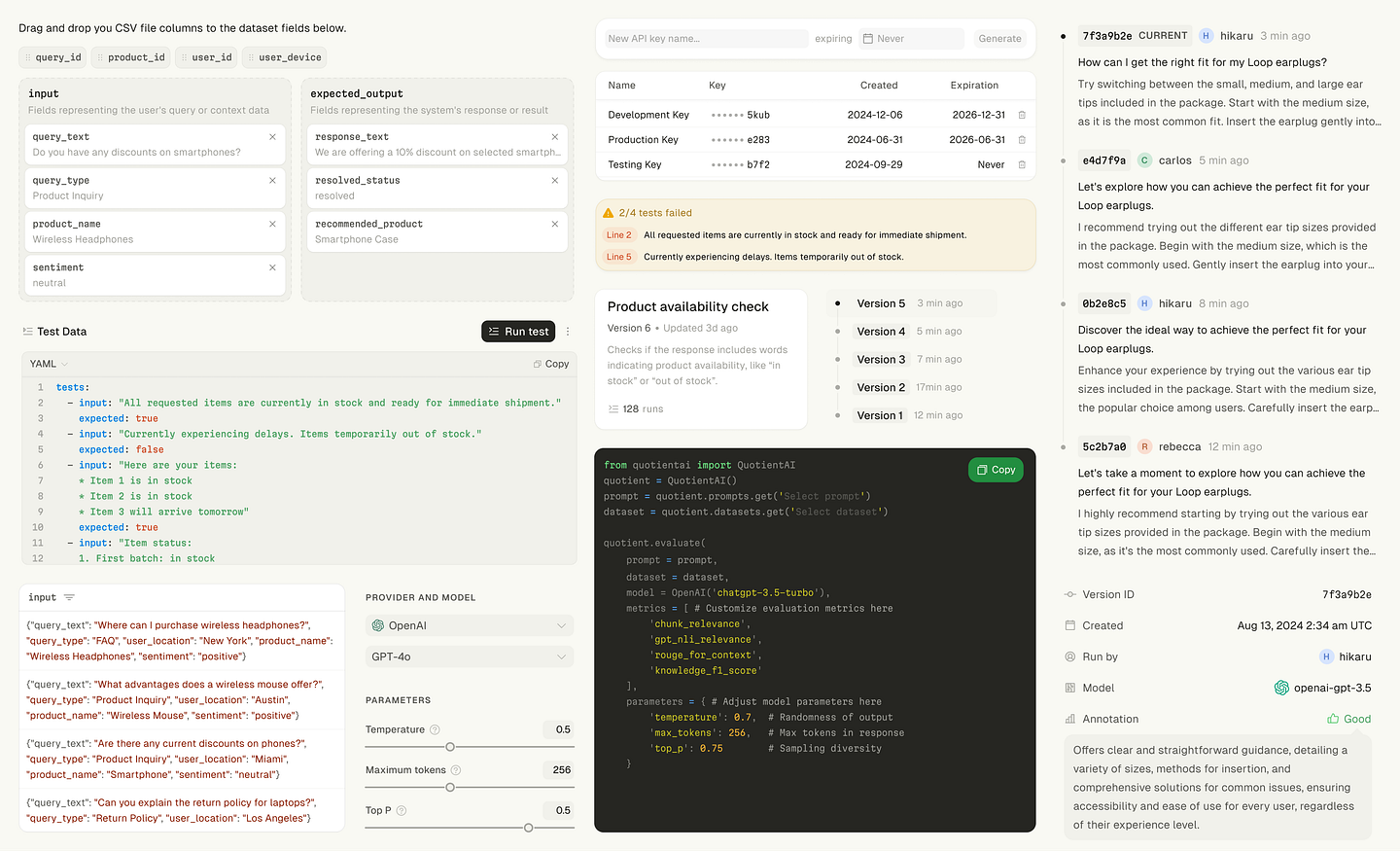 Collage of developer-oriented UI components including diffs, versioning, and config