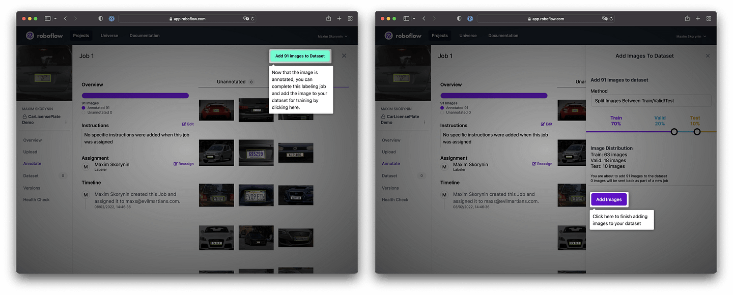 Two panels show the highlighted button to Add 91 images, and the slider to split them into Train Valid, and Test sets.