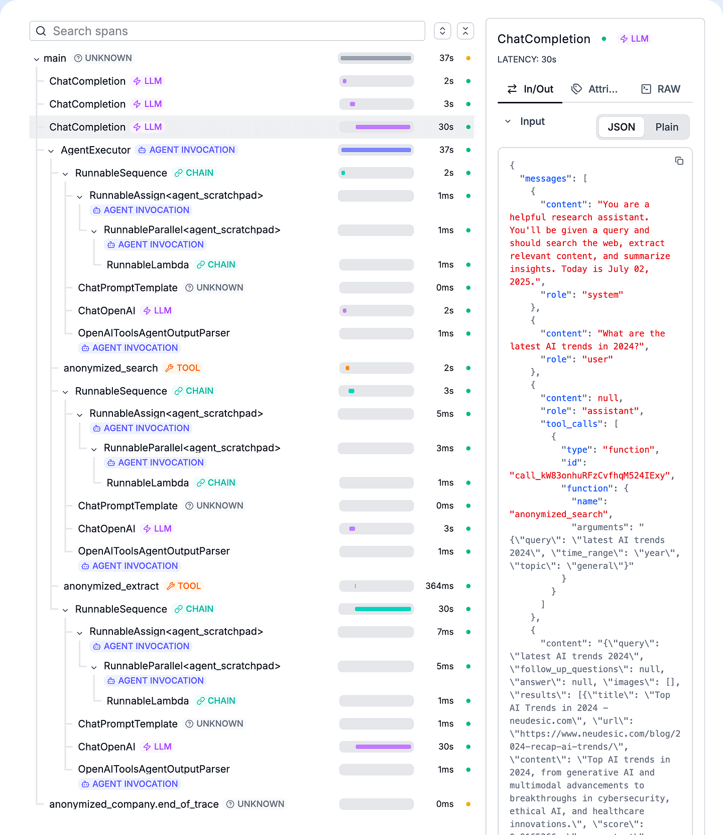AgentPrism span tree with an LLM call selected and its input shown as JSON
