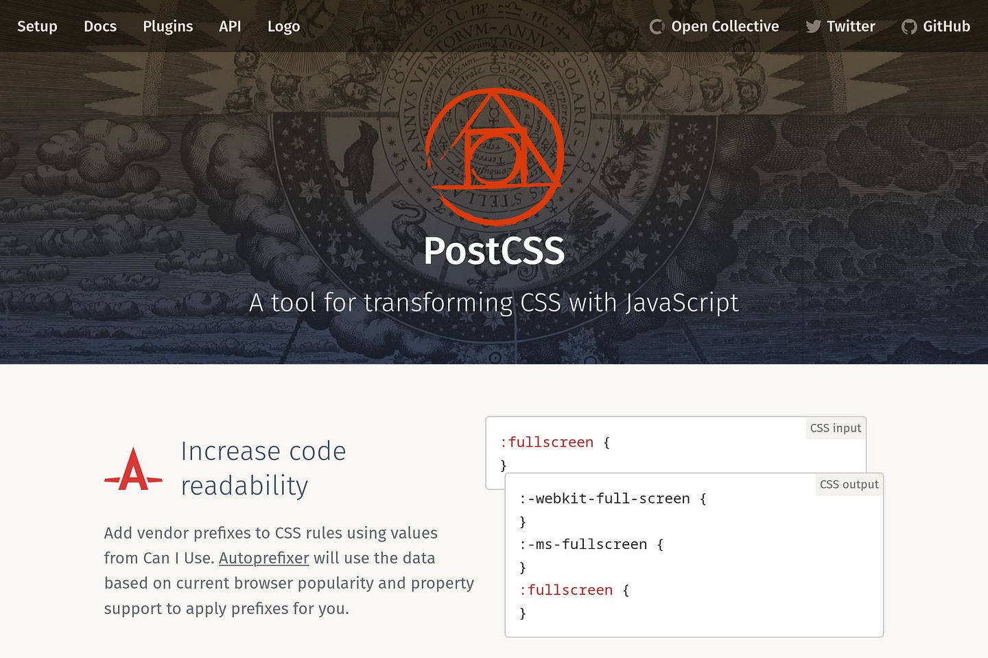 PostCSS website with background with alchemy style