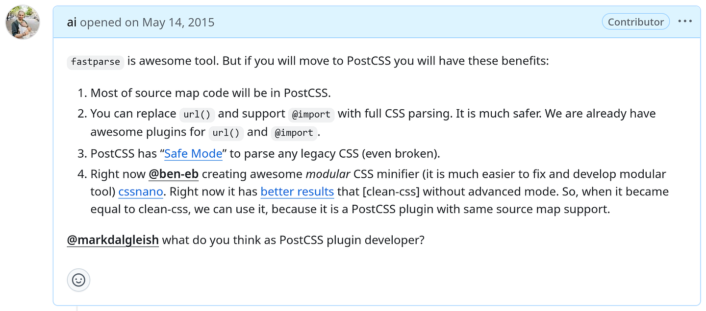 A GitHub issue where I asked the Webpack team to use PostCSS in css-loader