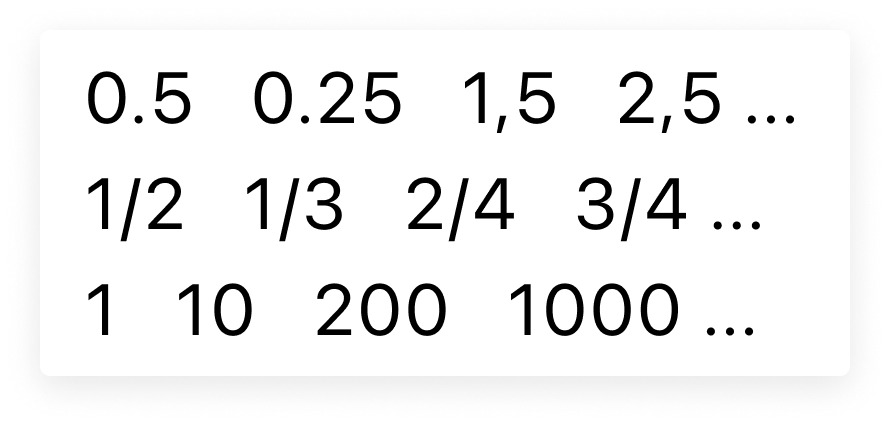 A collection of various value notations possible in recipes