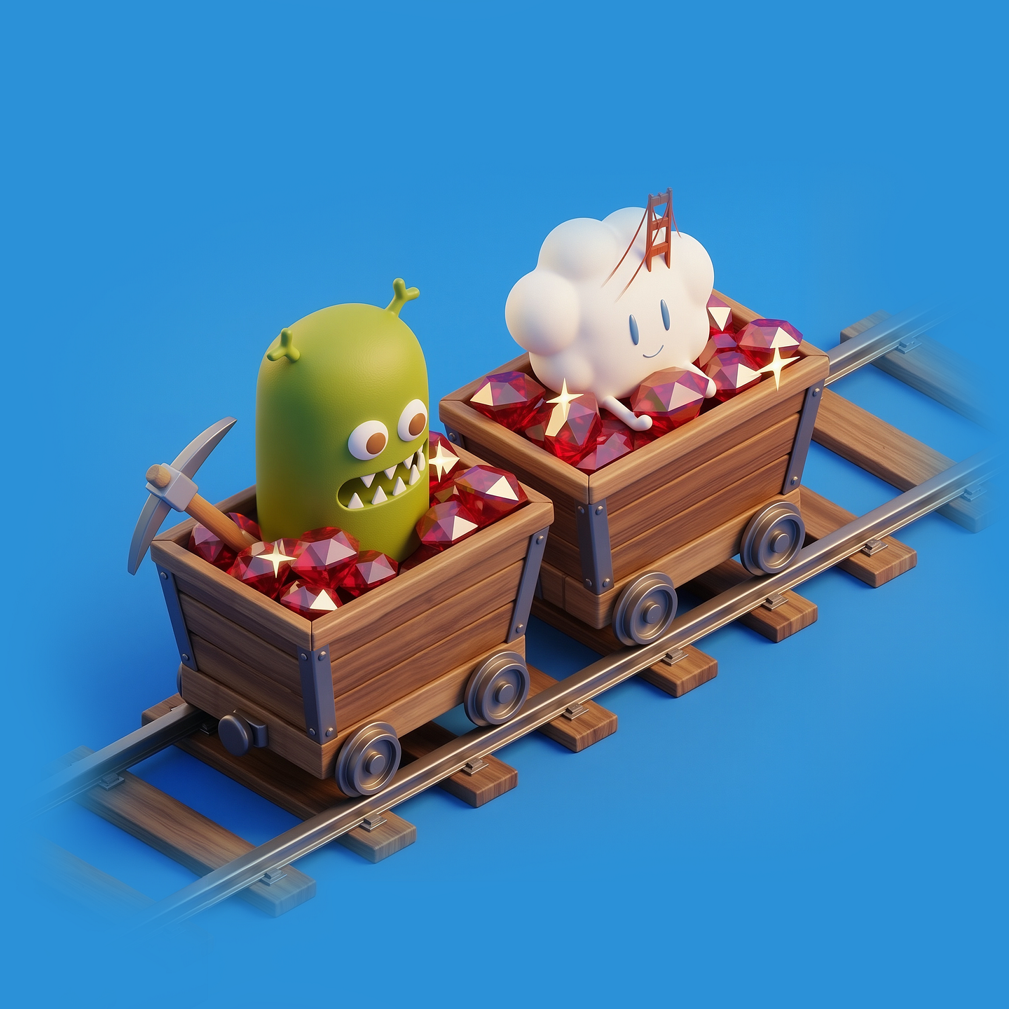 Illustrated mine carts full of rubies with a Golden Gate Bridge cloud, for SF Ruby