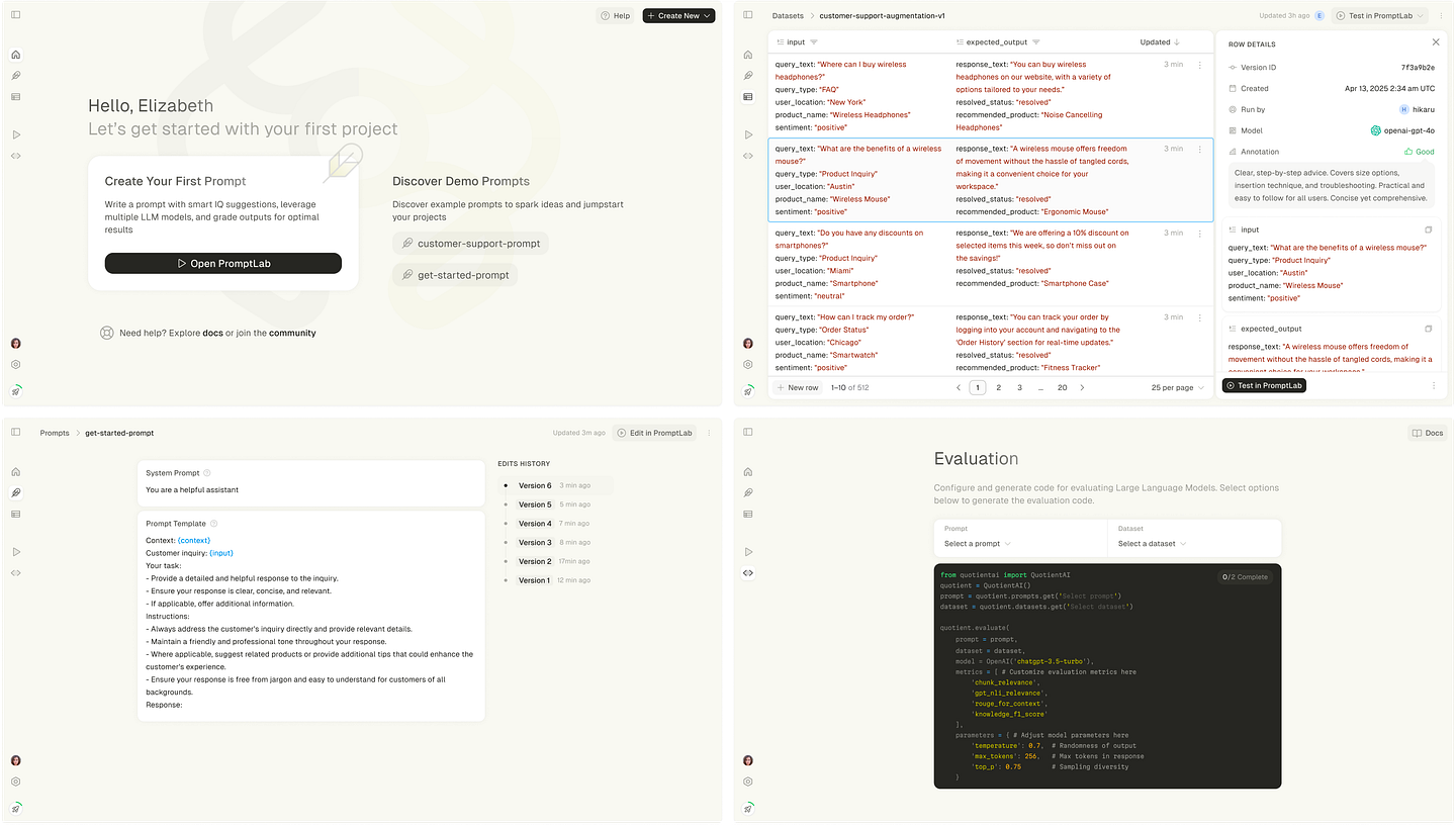 Collage of additional platform screens including dataset, dashboard, and SDK snippets