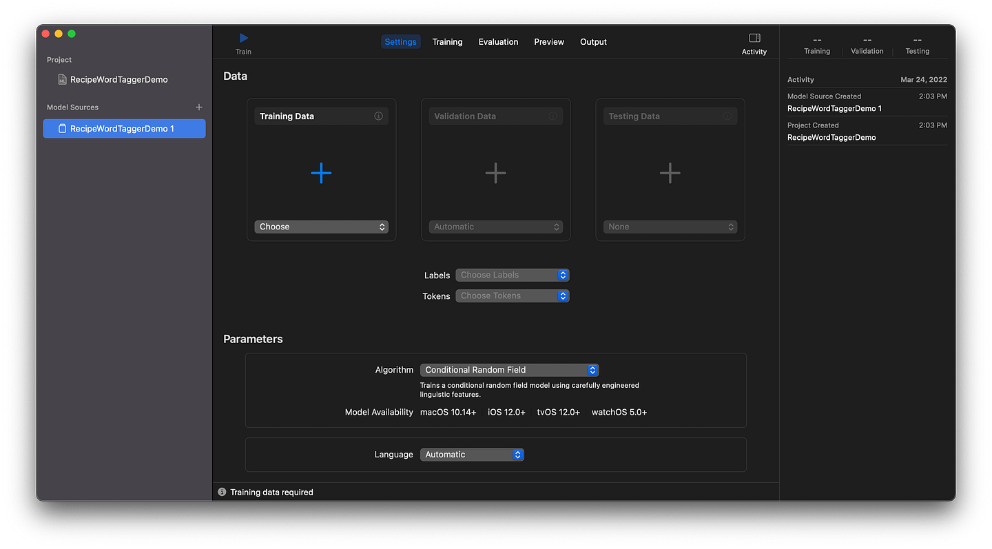 An empty Create ML project interface