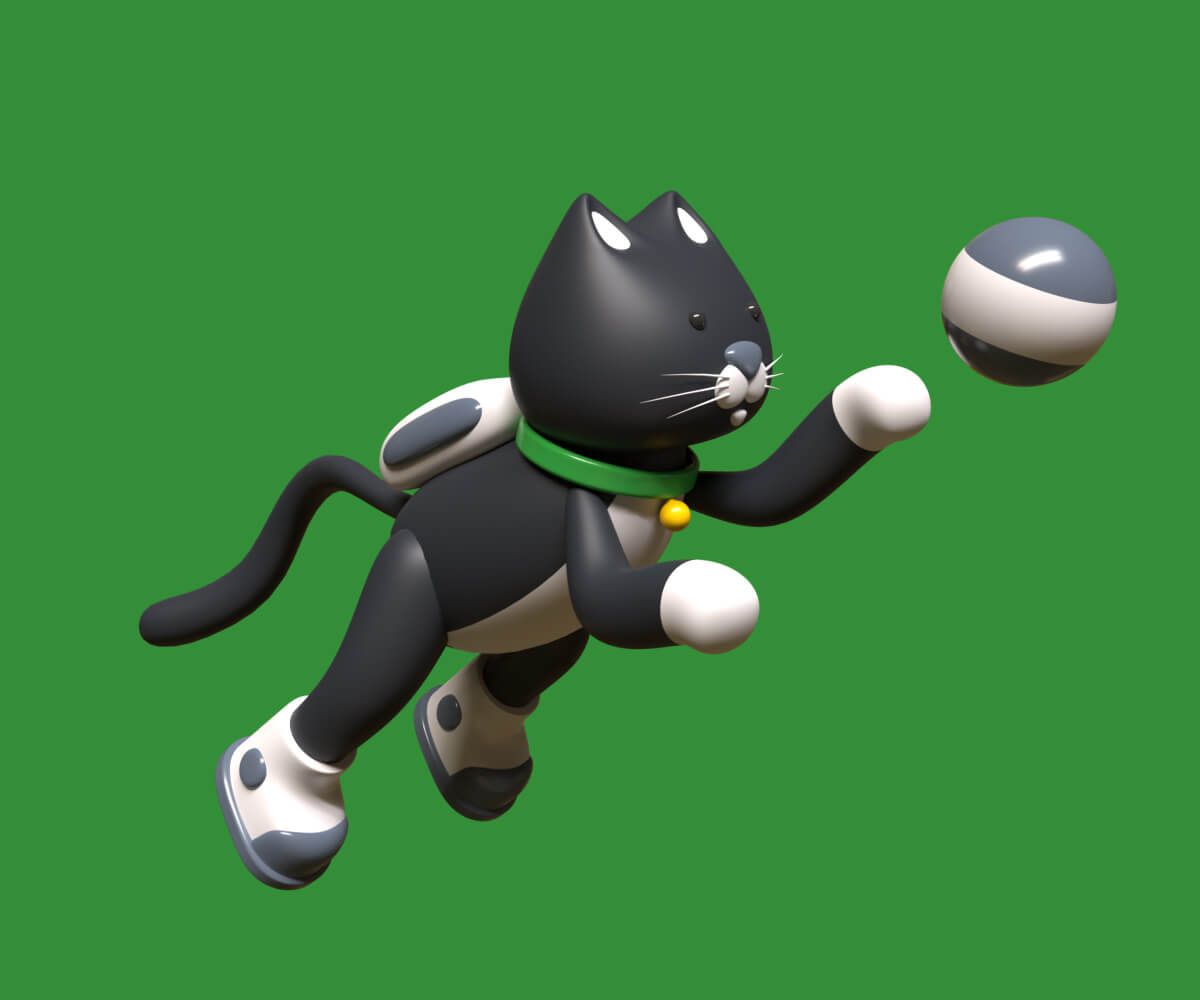 An illustration of a cat jumping to get a ball in 3d style with springy tail and bigger head on a solid green background