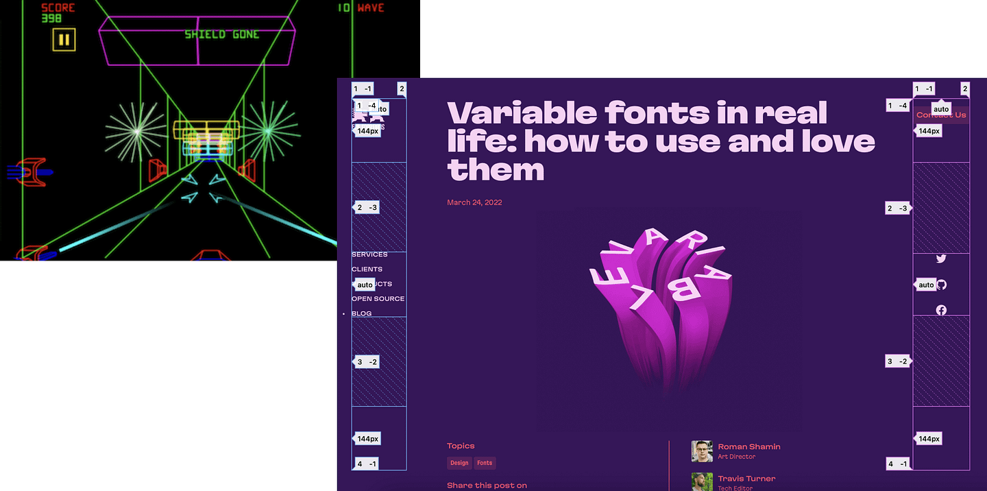 Screenshots of Space Wars Original game and Evil Martians website navigation built with central composition in mind