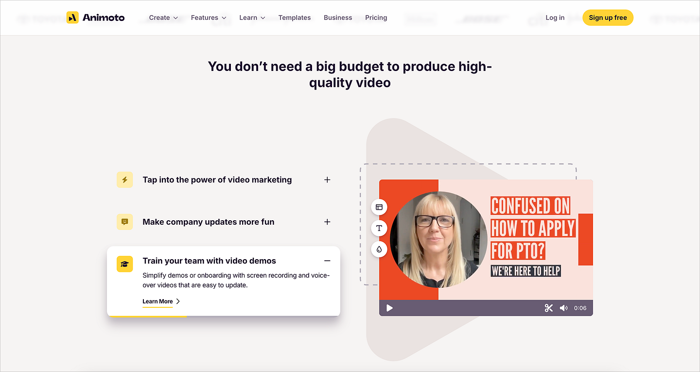 [Animoto](https://www.playbook.com/s/evilmartians/Dcqt35dnYHF97aTr8MugaknQ?assetToken=KdEHBnf153cVhHRdAAZA2nPG): Feature section starts with a teaser “You don’t need a budget…