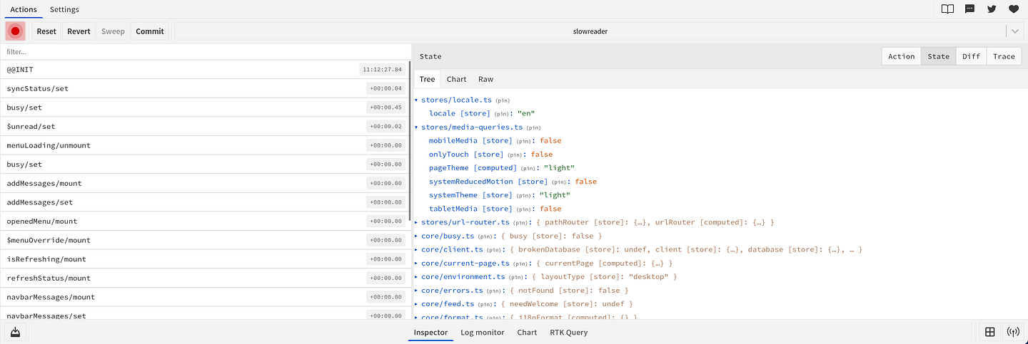 Redux DevTools showing Nano Stores state. The left column lists actions such as syncStatus/set and addMessages/mount. The right pane shows a tree grouped by source file, where stores/media-queries.ts holds mobileMedia, pageTheme and other stores with their values.