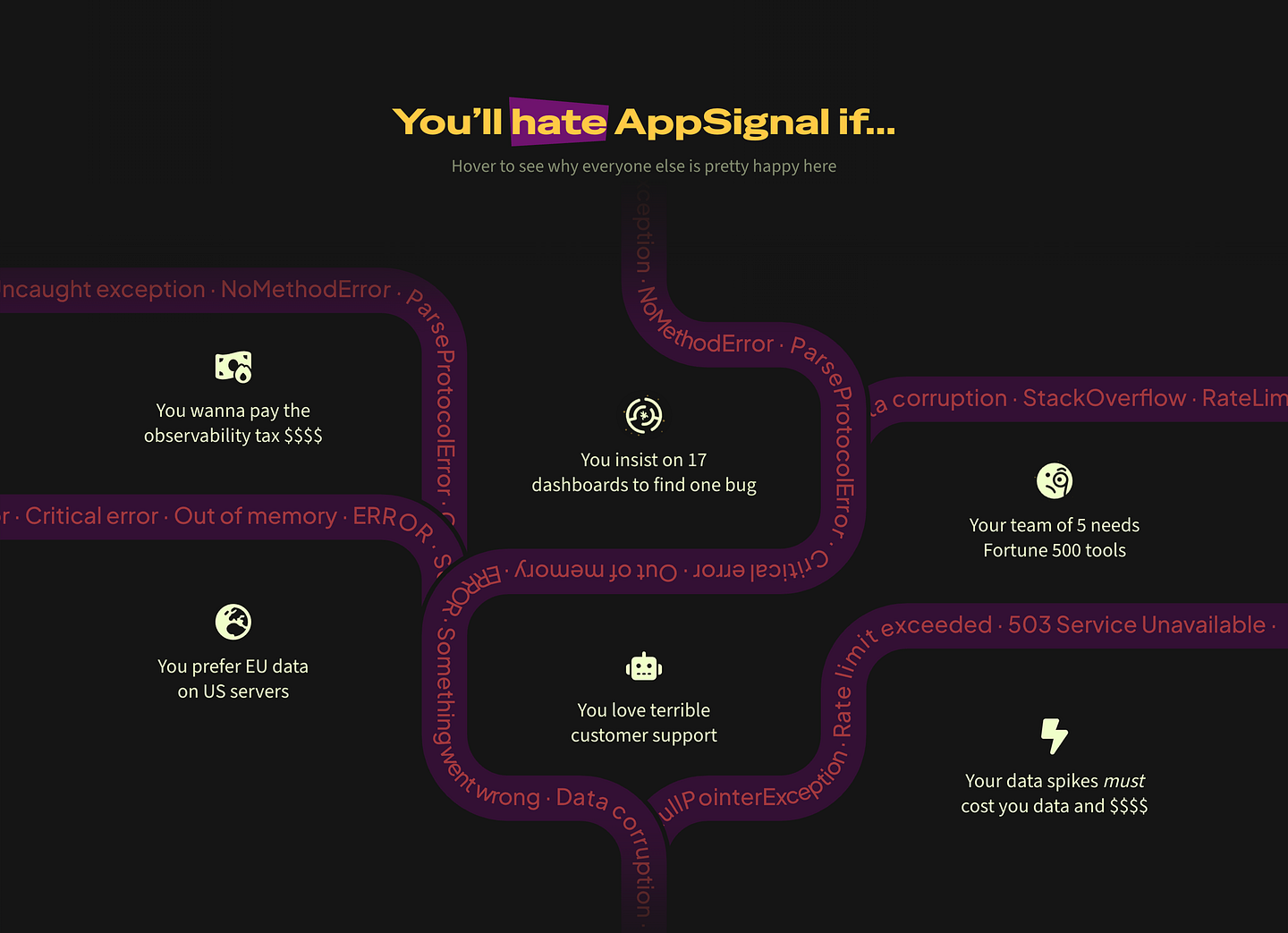 An AppSignal anti-sell section that tells visitors when the product is not the right fit