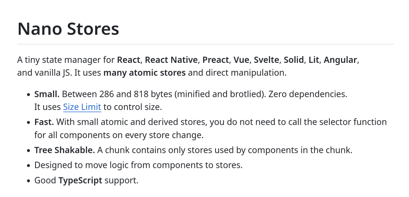A screenshot of the Nano Stores README. It uses headings, concise text, bold text, a horizontal rule and list to great effect, maximizing readability.