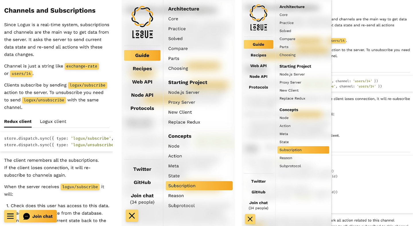 Logux website uses glass-like effect for menu on mobile