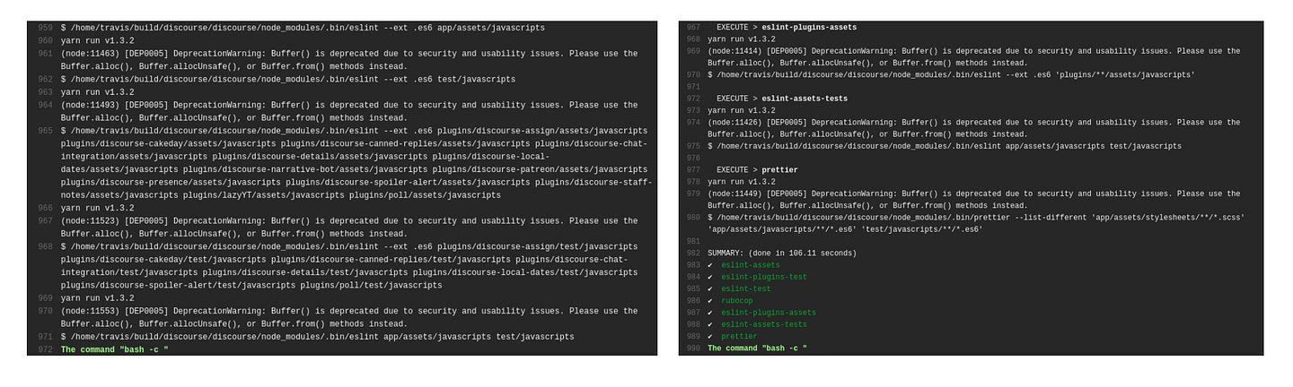 Discourse's CI output before and after Lefthook