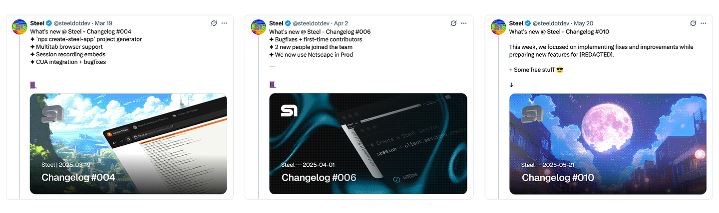3 examples of Steel changelogs over time