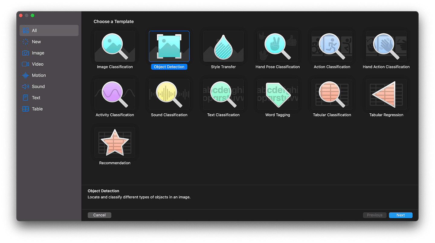 The Create ML menu allows us to choose several templates for our models